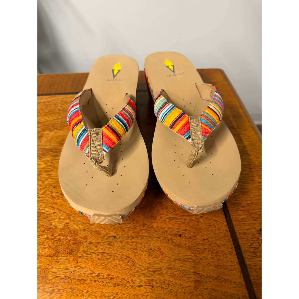 New Volatile Womens 9 Tan Multi Color Flip Flop Wedge Striped Platform Sandal